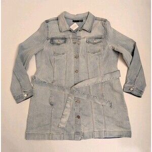 NWT Susan Graver Sz Lrg Petite Denim Jean Long Belted Jacket Capsule Clean Girl